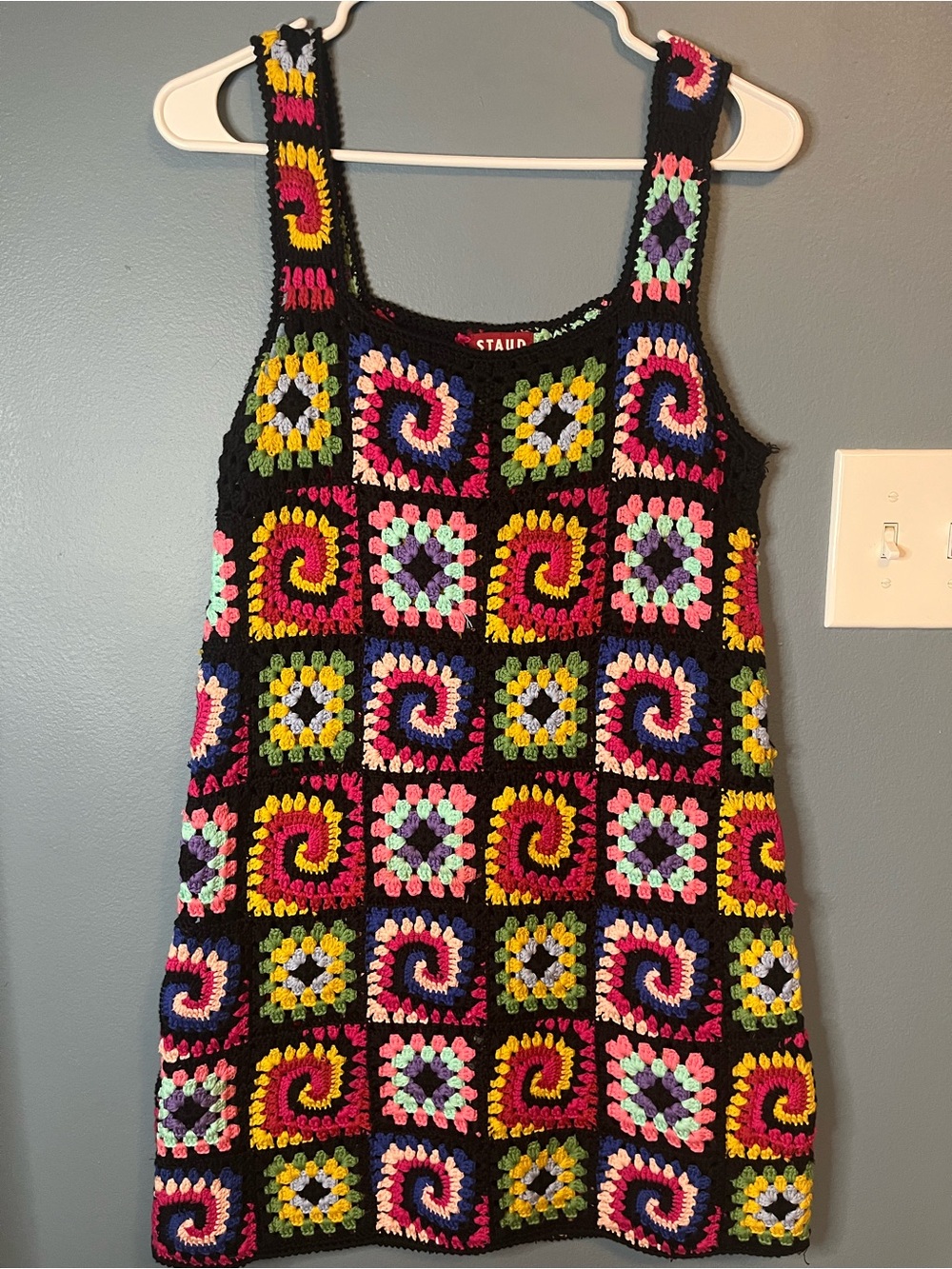 STAUD Black Crochet Tank with Multicolor Granny Squares